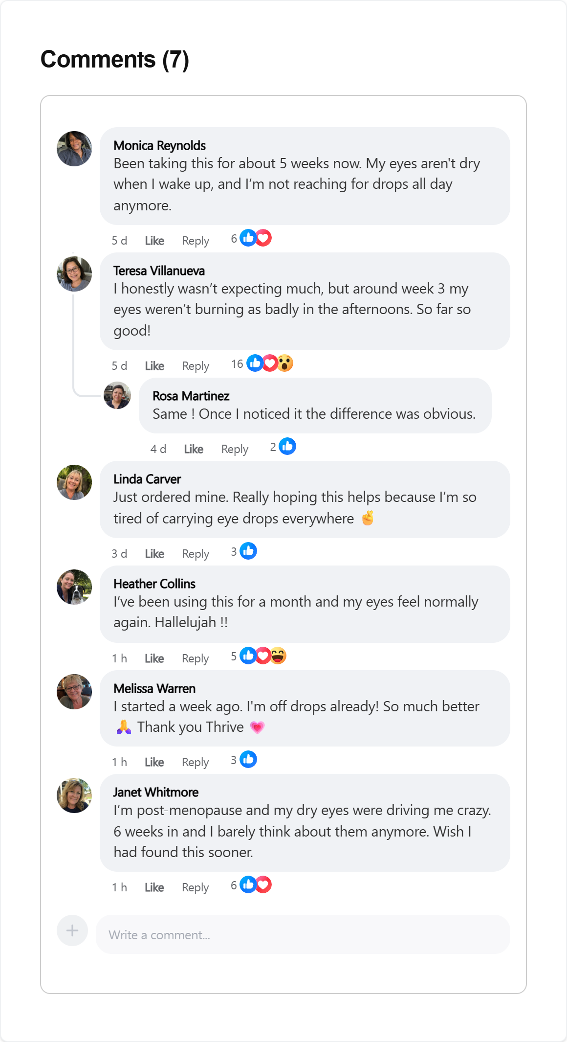Facebook comments from Thrive Nutrition users